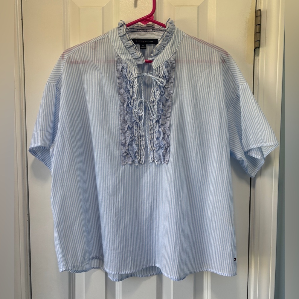 Tommy Hilfiger Women's Blue and White‎ Striped Top Size M